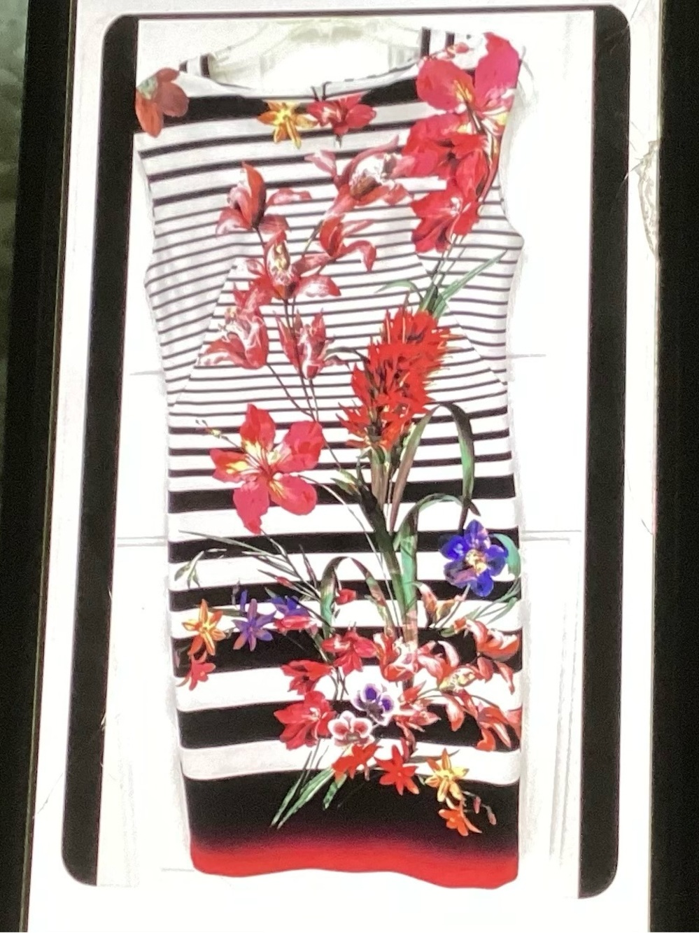 Gabby Style Black & White Striped Midi Dress with Red Floral Accents
